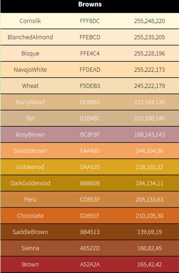 Bảng mã màu RGB nâu (Brown colors)